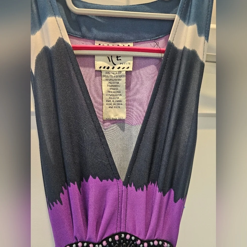 ICE Petite Beaded Waist Maxi Dress 8P Purple Navy Ombre Sleeveless Stretch